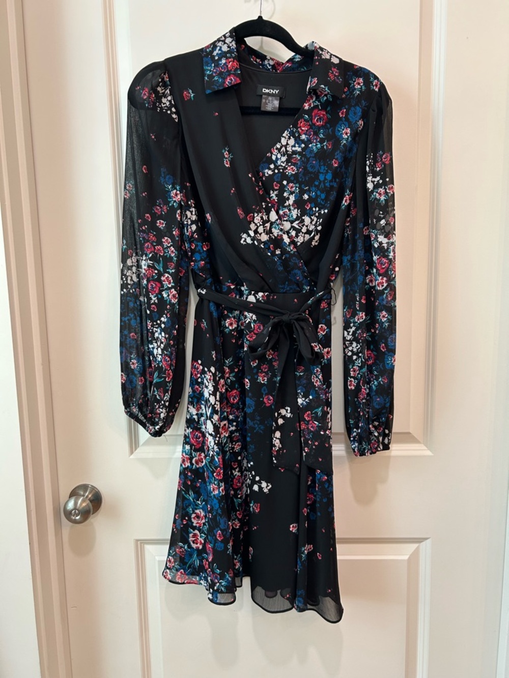 DKNY Black Floral Long Sleeve Wrap Dress with Tie Waist